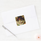 groene kat met Jingle Bells Vierkante Sticker (Envelop)