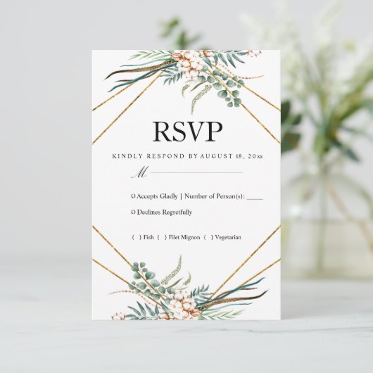 Groene Katoen Boho Glitter Huwelijk RSVP (Staand voorkant)