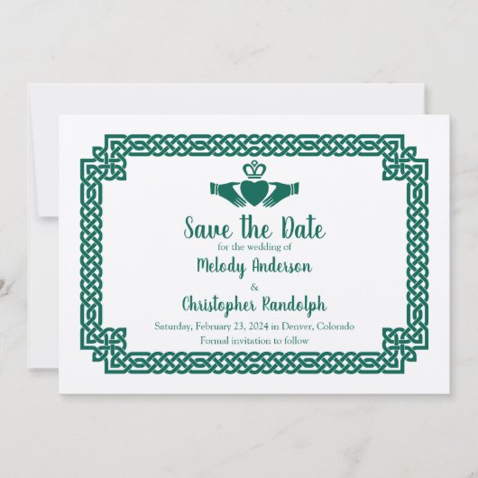 Groene Keltische Knoop Claddagh Bruiloft Save the  Date (Voorkant)