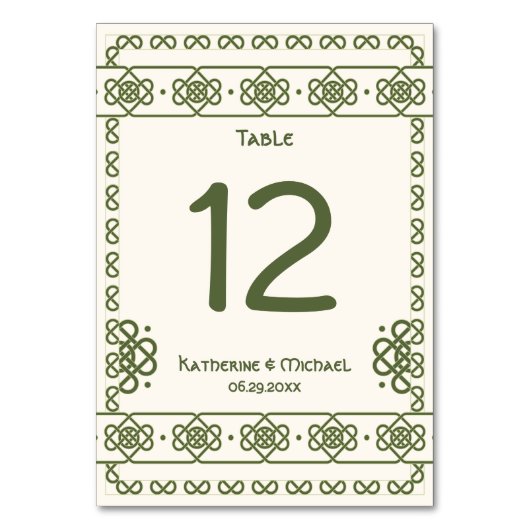 Groene Keltische Knots Trouwtafel Nummers Kaart (Voorkant)