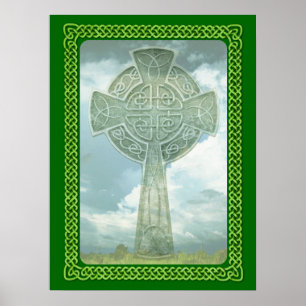 Groene Keltische kruis en wolken Poster
