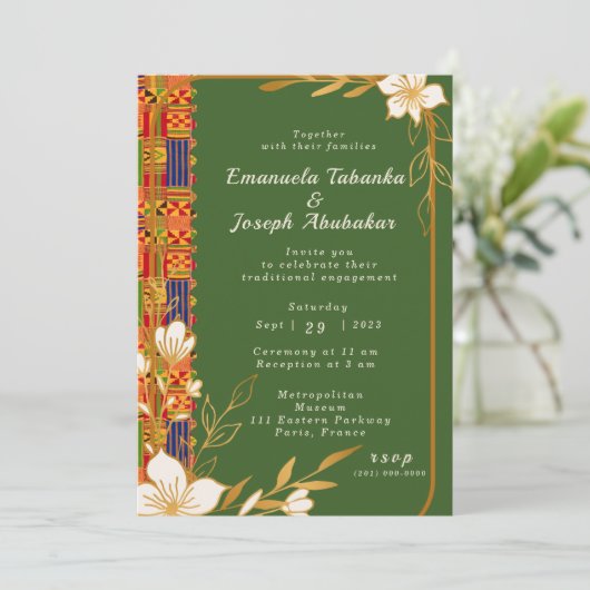 Groene Kente bruiloft uitnodiging, Afrocentrisch U Kaart (Staand voorkant)