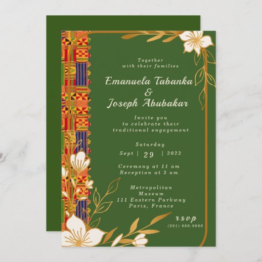 Groene Kente bruiloft uitnodiging, Afrocentrisch U Kaart (Voorkant / Achterkant)
