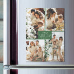 Groene Kerst 4 Fotocollage Magnetische Kaarten<br><div class="desc">Deze magnetische vakantiekaarten zijn voorzien van uw favoriete foto's en zijn gepersonaliseerd met uw achternaam en de groet Vrolijk Kerstfeest en Gelukkig Nieuwjaar in chique letters op groen. MEER design en kleuren in ons collectie.</div>