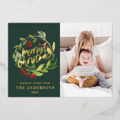 Groene Kerst botanische elegante moderne foto Folie Feestdagenkaart (Voorkant)