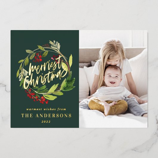 Groene Kerst botanische elegante moderne foto Folie Feestdagenkaart (Voorkant)