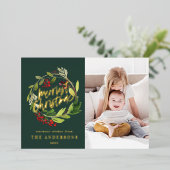 Groene Kerst botanische elegante moderne foto Folie Feestdagenkaart (Staand Voorkant)