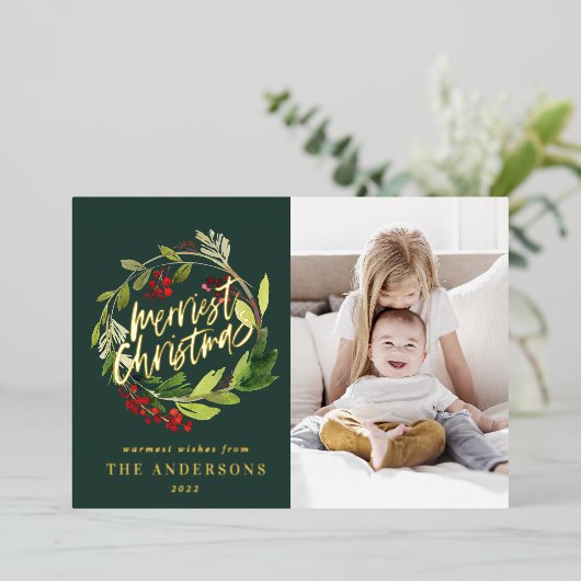Groene Kerst botanische elegante moderne foto Folie Feestdagenkaart (Staand Voorkant)
