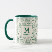 Groene Kerst Doodle Monogram en Naam Mok (Links)