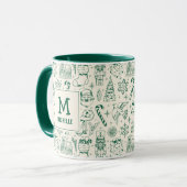 Groene Kerst Doodle Monogram en Naam Mok (Voorkant links)