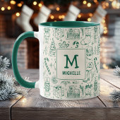 Groene Kerst Doodle Monogram en Naam Mok