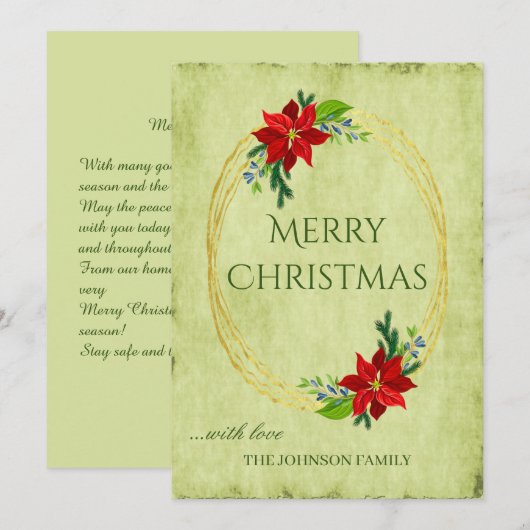 Groene  kerst en Poinsettia Feestdagenkaart (Voorkant / Achterkant)
