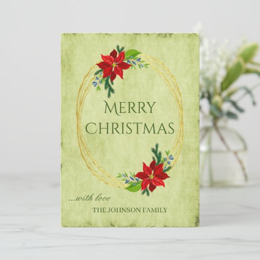 Groene  kerst en Poinsettia Feestdagenkaart (Staand voorkant)