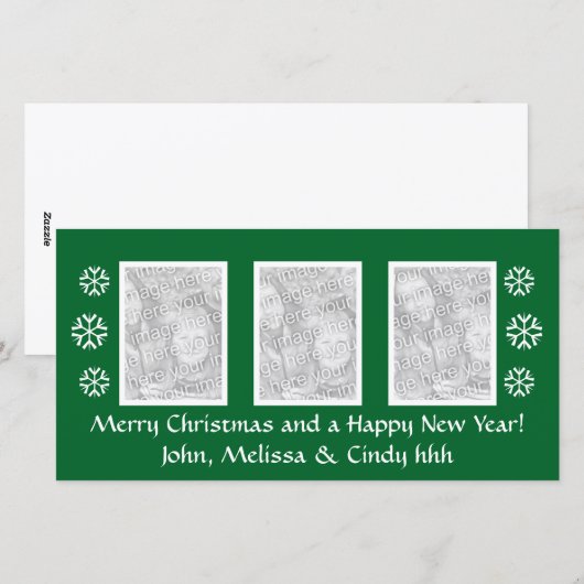 Groene Kerst fotokaart sjabloon | drie foto's (Voorkant / Achterkant)