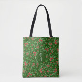 Groene kerst hulst bladeren aangepaste monogram tote bag (Voorkant)