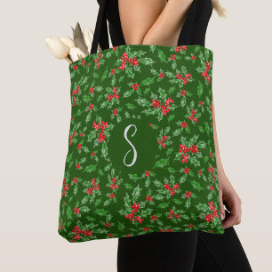 Groene kerst hulst bladeren aangepaste monogram tote bag