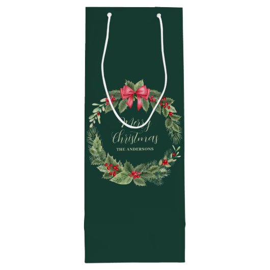 Groene kerst krans naam wijn cadeautas (Achterkant)