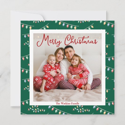 Groene Kerst Lichtjes Cute Familie Foto Feestdagenkaart (Voorkant)