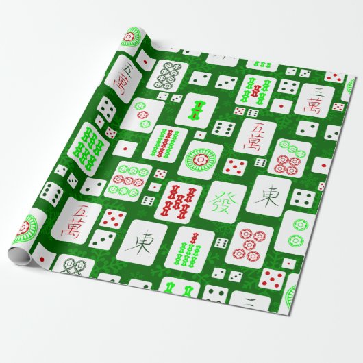 Groene Kerst Mahjong Chinese tegels Spel Aziatisch Cadeaupapier (Uitgerold)