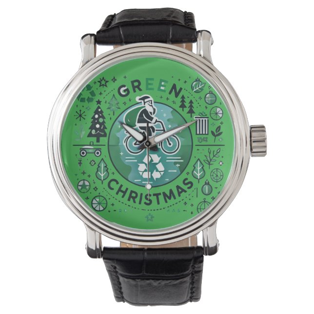 Groene Kerst - Santa en Recycling Design Horloge (Voorkant)