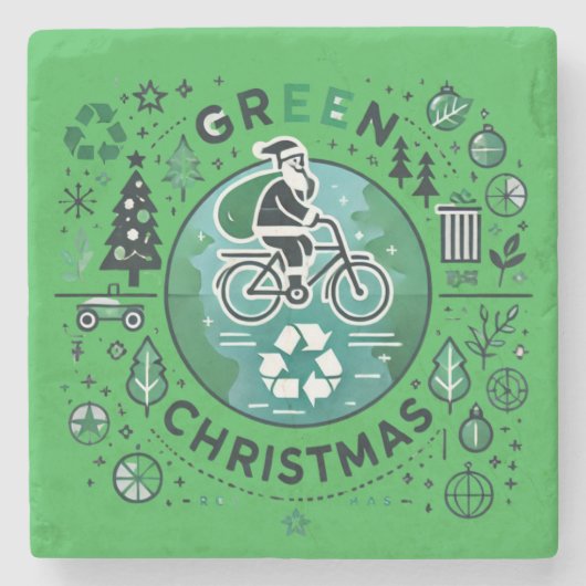 Groene Kerst - Santa en Recycling Design Stenen Onderzetter (Voorkant)