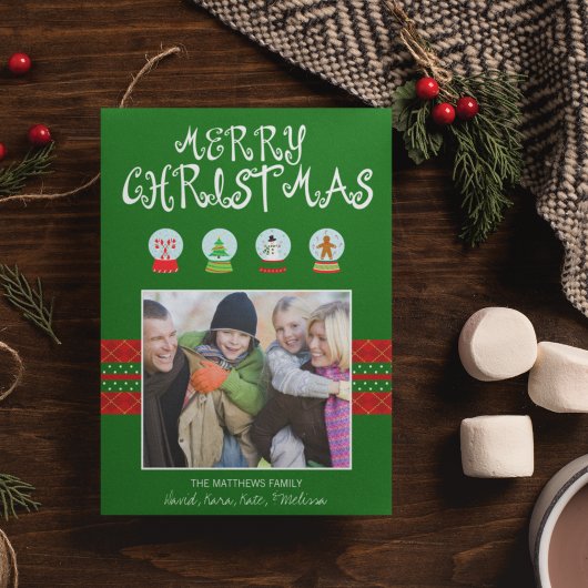 Groene Kerst Sneeuw Wereldbollen Vakantie Fotokaar Feestdagenkaart