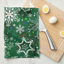 Groene Kerst sneeuwvlok patroon keukenhanddoek