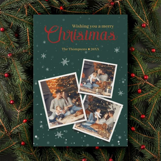 Groene Kerst Sneeuwvlokken Fotocollage Feestdagenkaart