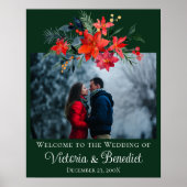 Groene Kerst Trouwfoto Poinsettia Bloemen Poster (Voorkant)