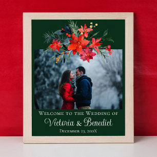 Groene Kerst Trouwfoto Poinsettia Bloemen Poster