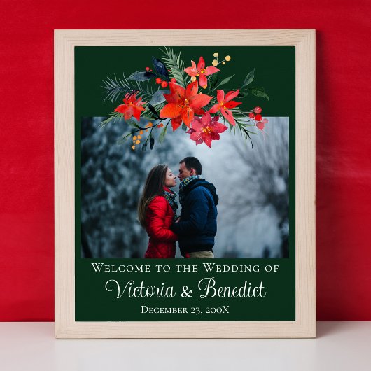 Groene Kerst Trouwfoto Poinsettia Bloemen Poster