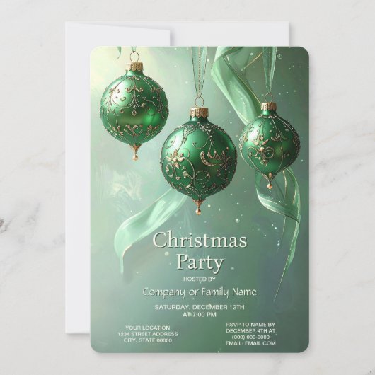 Groene Kerstbal Vakantie Feest Uitnodiging (Voorkant)