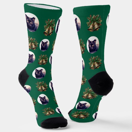 Groene Kerstbellen en Kattenfoto Custom Face Sokken (Gebogen)