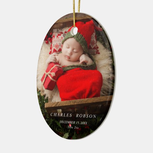 Groene kerstbomen 1st Christmas Birth Stats Foto Keramisch Ornament (Links)