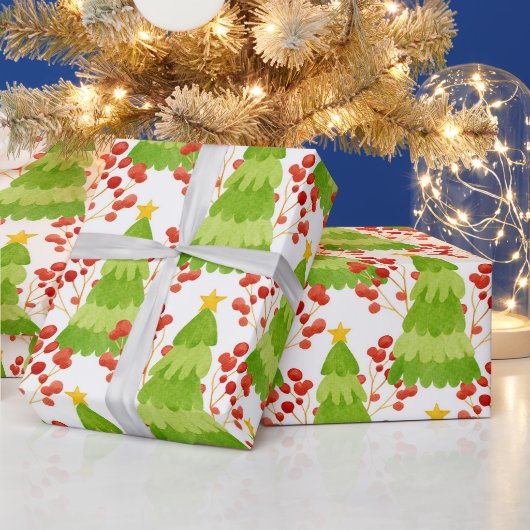 Groene kerstbomen en rode bessen cadeaupapier (Feestdagen)