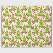 Groene kerstbomen en rode bessen cadeaupapier (Vlak)