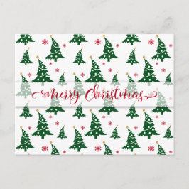 Groene kerstbomen en rode sneeuwvlokken patroon feestdagenkaart