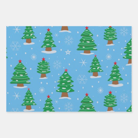Groene kerstbomen met vallende sneeuw op blauw inpakpapier vel (Voorkant)