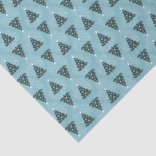 Groene kerstbomen op Blue Swirl Tissuepapier (Detail)