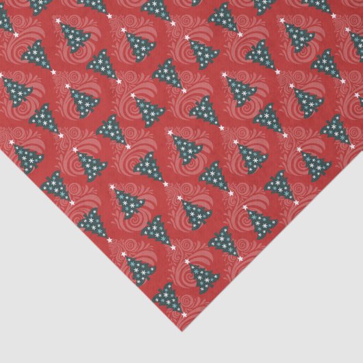 Groene kerstbomen op rode werveling tissuepapier (Detail)