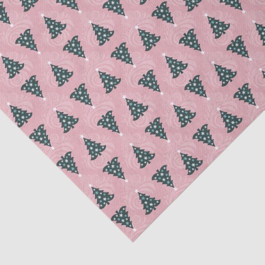 Groene kerstbomen op roze wervel tissuepapier (Detail)