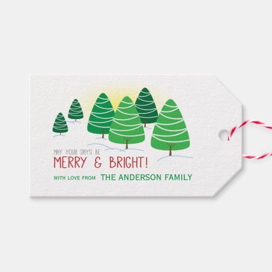 Groene kerstbomen, vrolijk & helder, personalisere cadeaulabel (Voorkant (Horizontaal))
