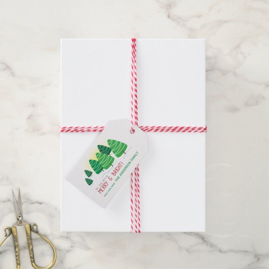 Groene kerstbomen, vrolijk & helder, personalisere cadeaulabel (Met Touw)