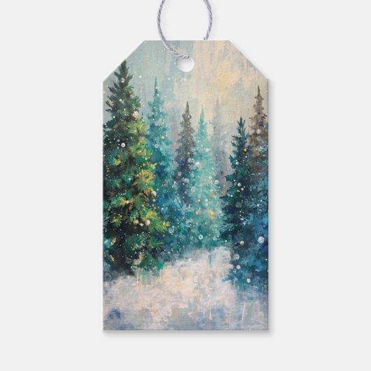 Groene kerstbomen winterbos cadeaulabel (Voorkant)