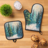 Groene kerstbomen winterbos ovenwant & pannenlap set (Top down)