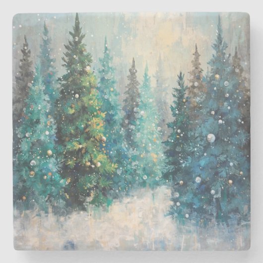 Groene kerstbomen winterbos stenen onderzetter (Voorkant)