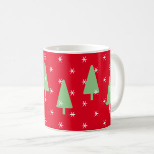 Groene Kerstbomen Witte Sneeuwvlokken Rood Koffiemok