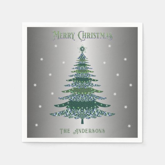 Groene Kerstboom Aangepaste Naam Zilveren Folie Servet (Voorkant)