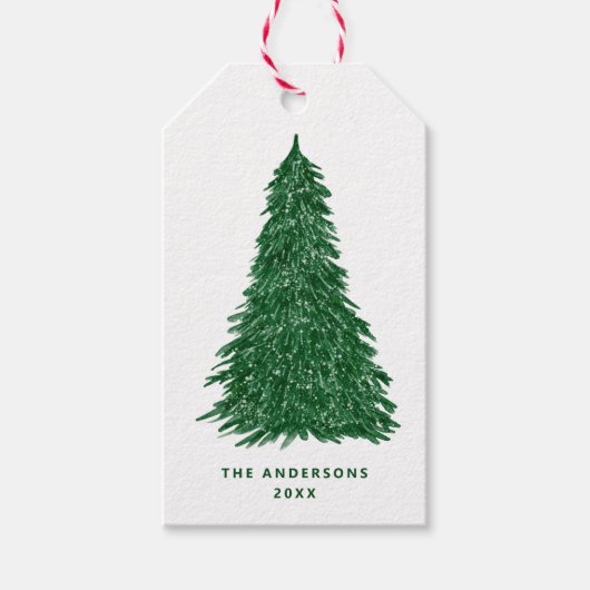 Groene Kerstboom | Besneeuwde Dennen Kerstfeest Cadeaulabel (Voorkant)