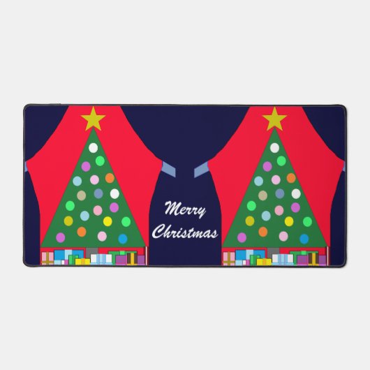 Groene kerstboom en blauwe draperingen: bureaumat (Voorkant)